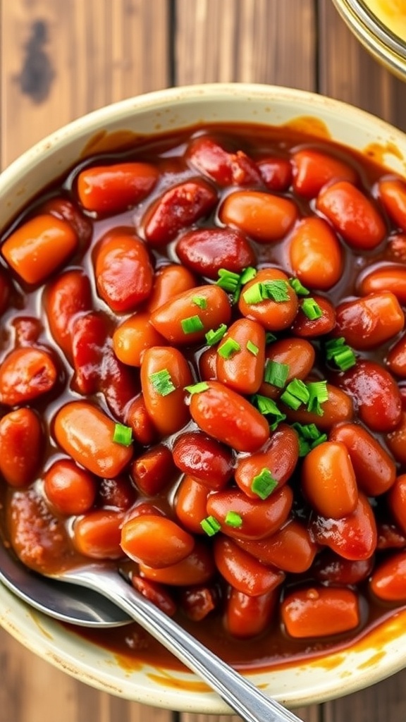 Air Fryer Baked Beans Recipe A bowl of baked beans in barbecue sauce, garnished with parsley, on a rustic wooden table.